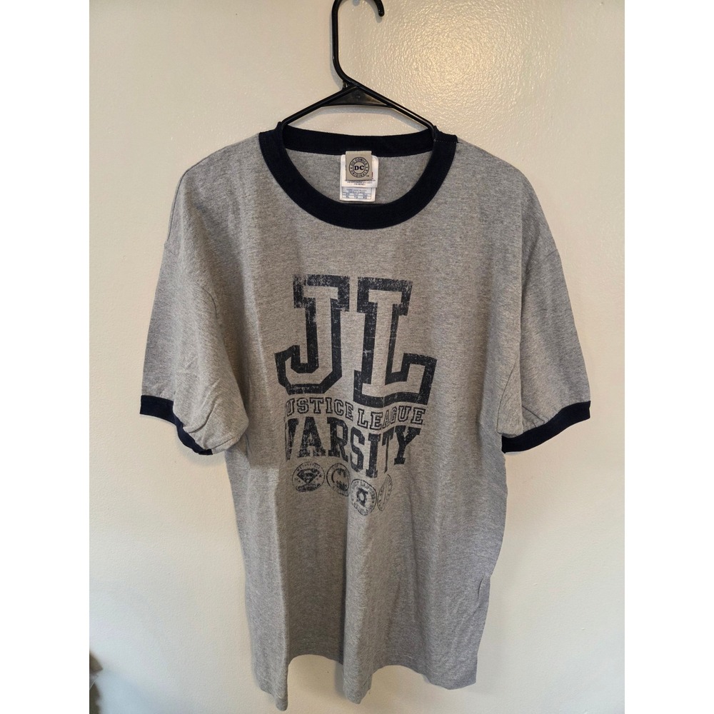 DC Comics Originals Justice League Varsity Ringer T-Shirt Gray Navy Mens XL